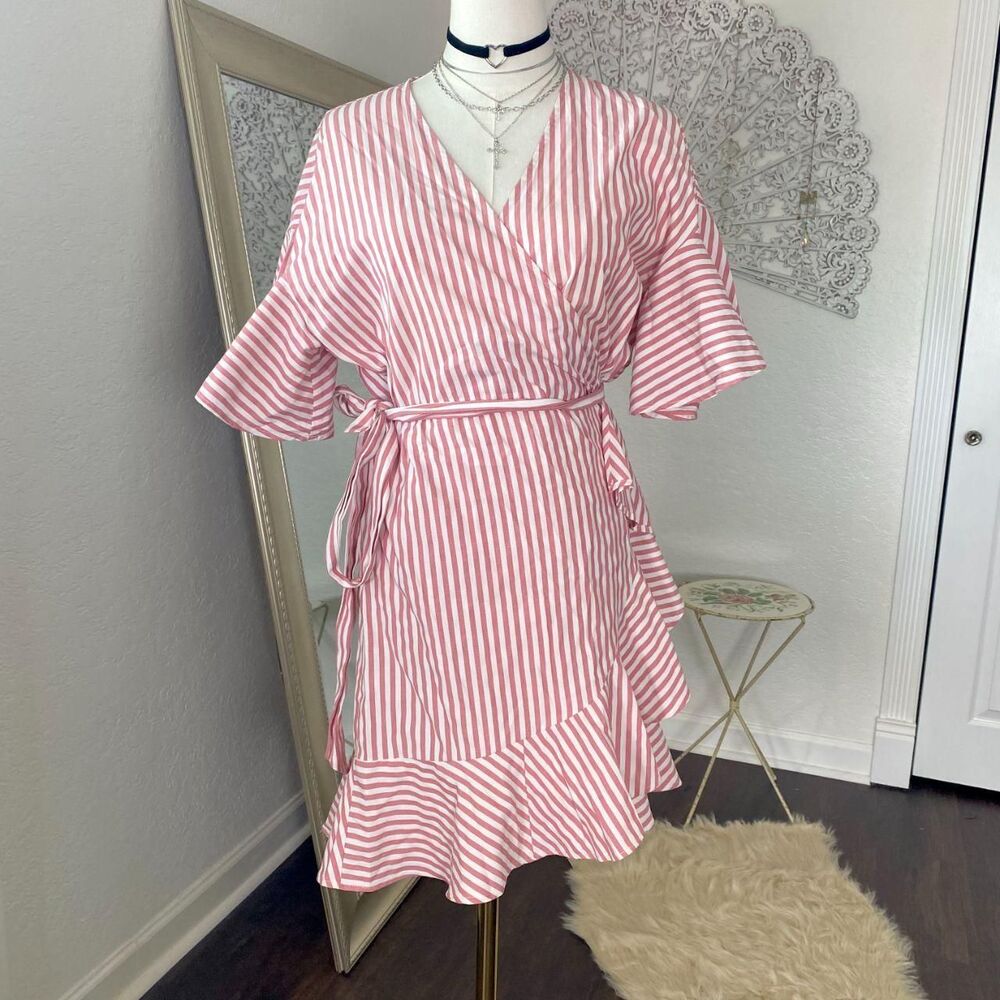 New Cute Pink Red & White Striped Ruffled Wrap Dress Hyfve M
